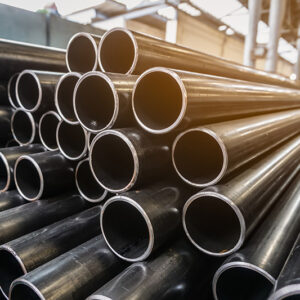 high quality Galvanized steel pipe or Aluminum and chrome stainless pipes in stack waiting for shipment  in warehouse